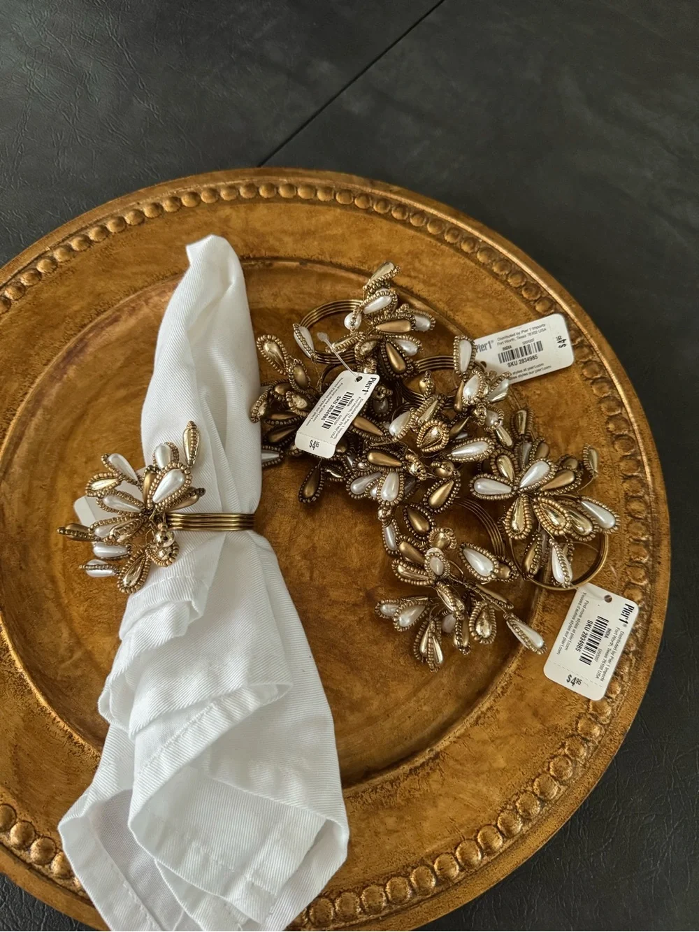 Pier 1 NWT Gold Beaded Floral Napkin Ring with White Beads - Home Dining.